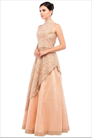 Buy toasted almond lace asymmetric top with silk skirt online in USA at Pure Elegance online store. Get a gorgeous ethnic look with a range of exquisite Indian designer lehengas from our clothing store in USA. We also bring the best Indian dresses for brides in USA under one roof. Shop now.-left