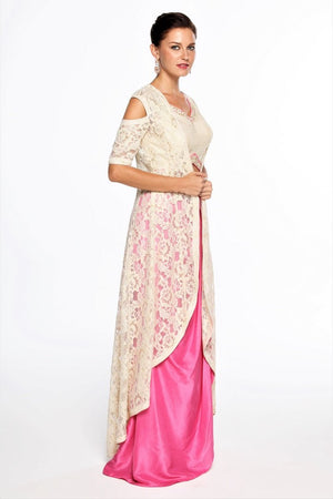 Buy designer pink draped skirt with white lace jacket online in USA at Pure Elegance online store. Get a gorgeous ethnic look with a range of exquisite Indian designer dresses from our clothing store in USA. We also bring the best Indian dresses for brides in USA under one roof. Shop now.-right