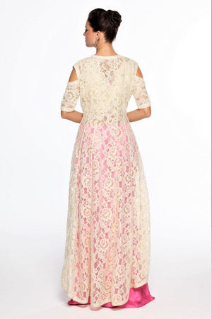 Buy designer pink draped skirt with white lace jacket online in USA at Pure Elegance online store. Get a gorgeous ethnic look with a range of exquisite Indian designer dresses from our clothing store in USA. We also bring the best Indian dresses for brides in USA under one roof. Shop now.-back