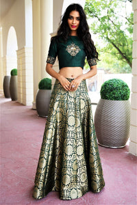 Buy deep green dupion crop top with Banarasi kalidaar skirt online in USA. Get wedding ready with a stunning range of Indian designer lehengas from Pure Elegance fashion store in USA. Shop from a collection of silk sarees, wedding sarees, Banarasi sarees, and Indian clothing for a gorgeous ethnic look.-full view