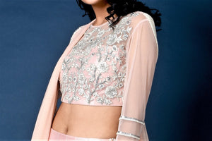 Buy powder pink raw silk lehenga with embroidered blouse online in USA and dupatta. Elevate your ethnic style with a stunning variety of designer dresses from Pure Elegance Indian clothing store in USA, Get your hands on a range of exquisite designer lehengas, wedding sarees, Anarkali suits also available at our online store.-blouse