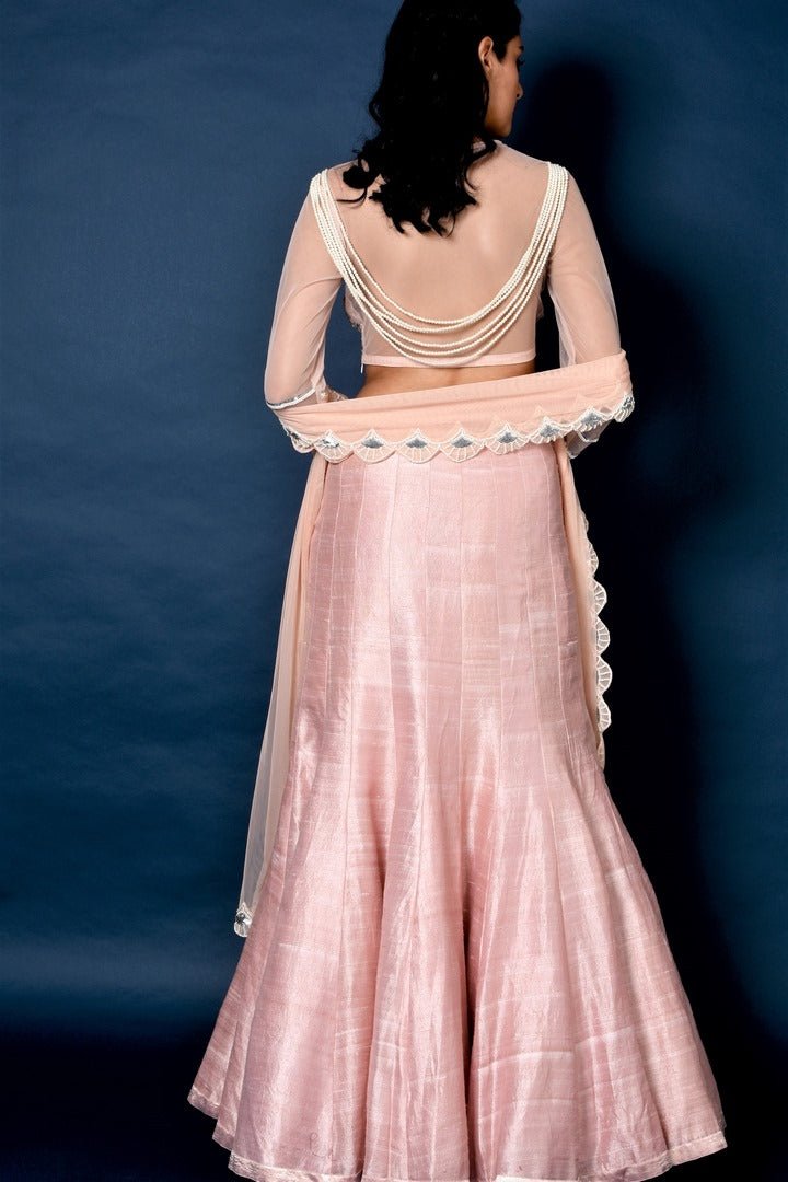 Buy powder pink raw silk lehenga with embroidered blouse online in USA and dupatta. Elevate your ethnic style with a stunning variety of designer dresses from Pure Elegance Indian clothing store in USA, Get your hands on a range of exquisite designer lehengas, wedding sarees, Anarkali suits also available at our online store.-back