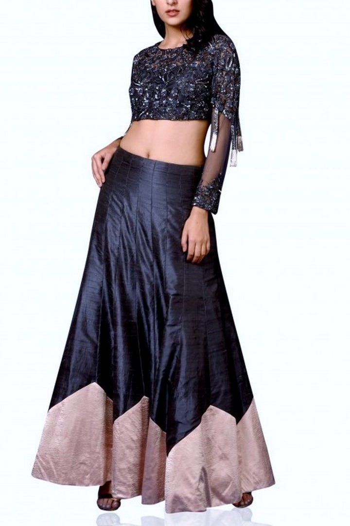 Buy classy dark blue raw silk lehenga with embroidered blouse online in USA and dupatta. Elevate your ethnic style with a stunning variety of designer dresses from Pure Elegance Indian clothing store in USA, Get your hands on a range of exquisite designer lehengas, wedding sarees, Anarkali suits also available at our online store.-full view