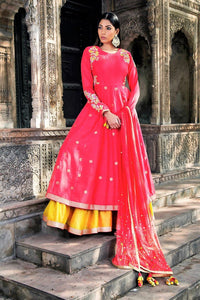 Buy pink and yellow embroidered chanderi lehenga with dupatta online in USA. Find a range of Indian designer dresses at Pure Elegance clothing store in USA. Enrich your traditional style with a range of Indian clothing, designer Anarkali suits, wedding lehengas, and much more also available at our online store.-full view