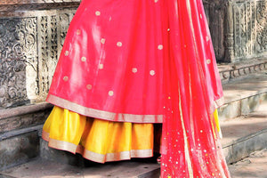 Buy pink and yellow embroidered chanderi lehenga with dupatta online in USA. Find a range of Indian designer dresses at Pure Elegance clothing store in USA. Enrich your traditional style with a range of Indian clothing, designer Anarkali suits, wedding lehengas, and much more also available at our online store.-bottom