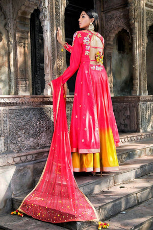 Buy pink and yellow embroidered chanderi lehenga with dupatta online in USA. Find a range of Indian designer dresses at Pure Elegance clothing store in USA. Enrich your traditional style with a range of Indian clothing, designer Anarkali suits, wedding lehengas, and much more also available at our online store.-back