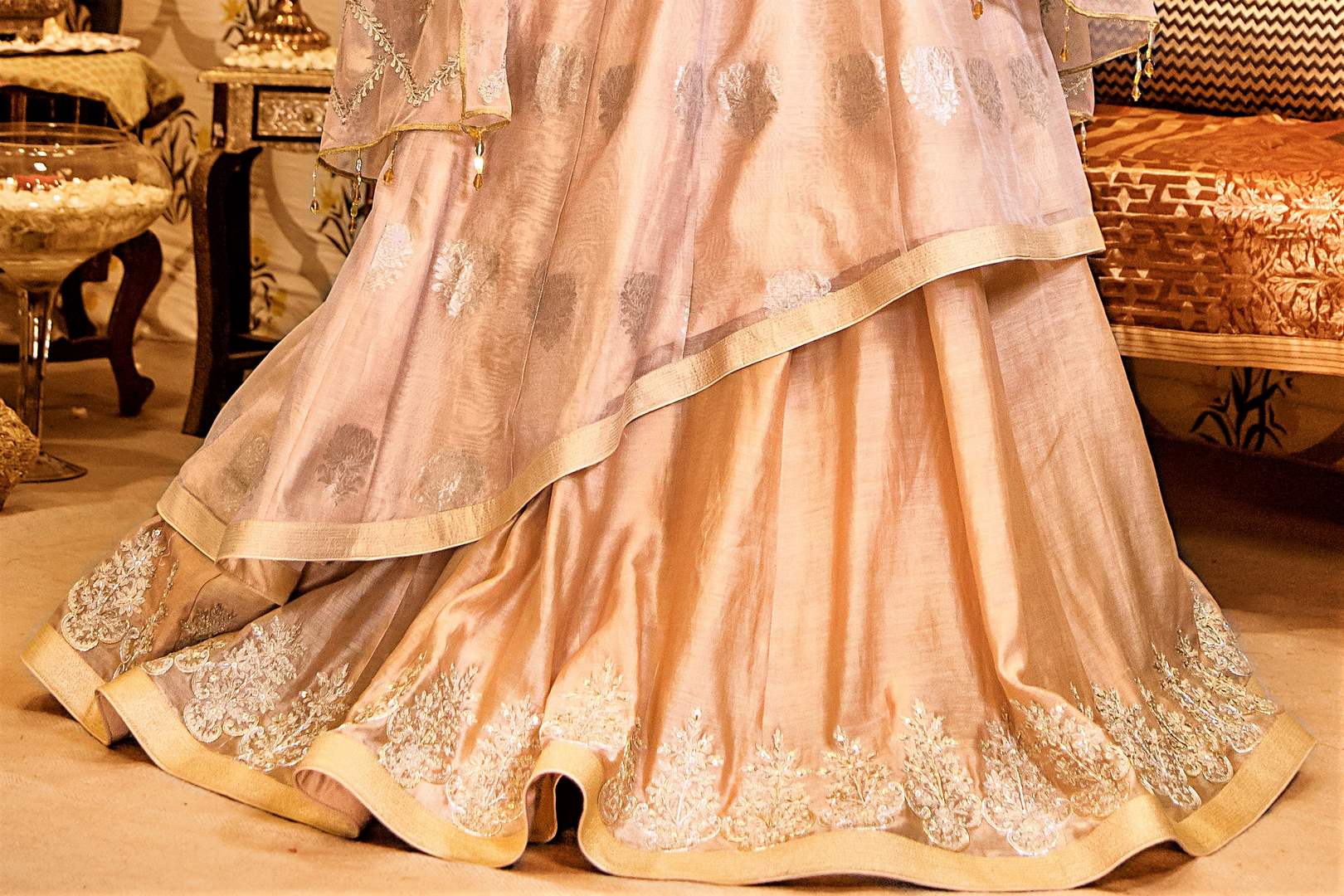 Buy beige color embroidered chanderi handloom lehenga with dupatta online in USA. Find a range of Indian designer dresses at Pure Elegance clothing store in USA. Enrich your traditional style with a range of Indian clothing, designer Anarkali suits, wedding lehengas, and much more also available at our online store.-skirt