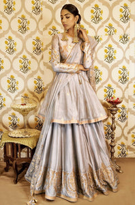 Shop ecru embroidered chanderi handloom lehenga with dupatta online in USA. Find a range of Indian designer lehengas at Pure Elegance clothing store in USA. Enrich your traditional style with a range of Indian clothing, designer Anarkali suits, wedding lehengas, and much more also available at our online store.-full view