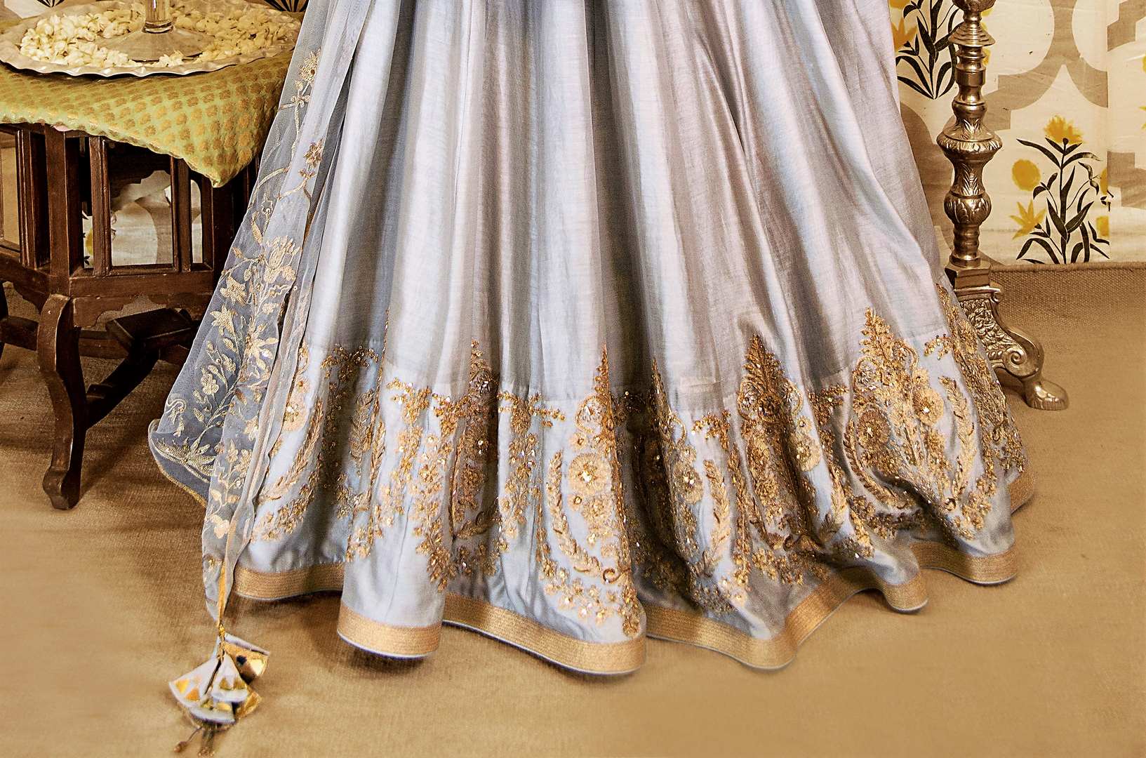 Shop ecru embroidered chanderi handloom lehenga with dupatta online in USA. Find a range of Indian designer lehengas at Pure Elegance clothing store in USA. Enrich your traditional style with a range of Indian clothing, designer Anarkali suits, wedding lehengas, and much more also available at our online store.-skirt