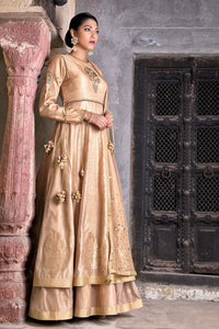 Buy beige color embroidered chanderi kurta with skirt online in USA and dupatta. Find a range of best Indian dresses for brides in USA at Pure Elegance clothing store. Enrich your traditional style with a range of Indian clothing, designer Anarkali suits, wedding lehengas, and much more also available at our online store.-full view