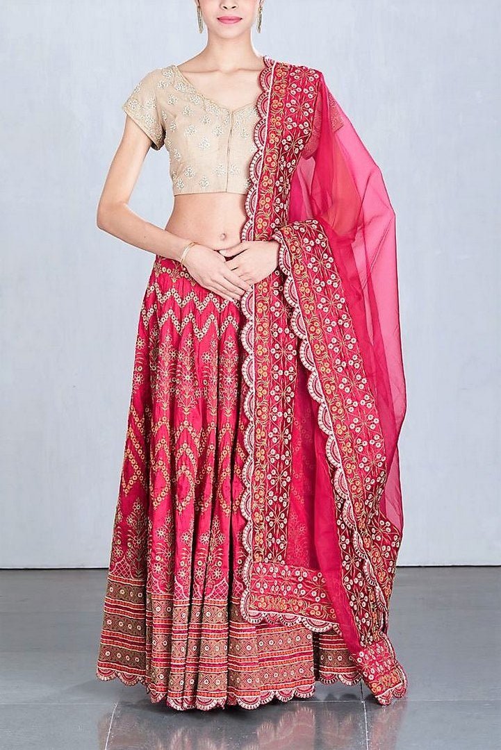 Shop beige and pink embroidered lehenga choli with dupatta online in USA. Make a captivating fashion statement with a range of Indian designer dresses from Pure Elegance clothing store in USA. If you are looking for online shopping, then look to our online store for a stunning collection of designer lehengas, Indian clothing and much more.-full view