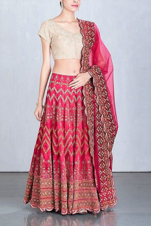 Shop beige and pink embroidered lehenga choli with dupatta online in USA. Make a captivating fashion statement with a range of Indian designer dresses from Pure Elegance clothing store in USA. If you are looking for online shopping, then look to our online store for a stunning collection of designer lehengas, Indian clothing and much more.-side