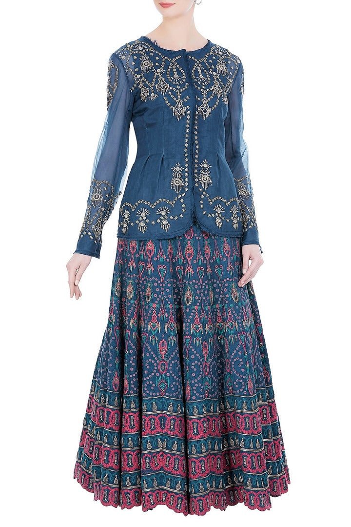 Buy midnight blue embroidered lehenga with jacket online in USA. Make a captivating fashion statement with a range of Indian designer dresses from Pure Elegance clothing store in USA. If you are looking for online shopping, then look to our online store for a stunning collection of designer lehengas, Indian clothing and much more.-side