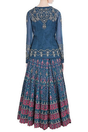 Buy midnight blue embroidered lehenga with jacket online in USA. Make a captivating fashion statement with a range of Indian designer dresses from Pure Elegance clothing store in USA. If you are looking for online shopping, then look to our online store for a stunning collection of designer lehengas, Indian clothing and much more.-back