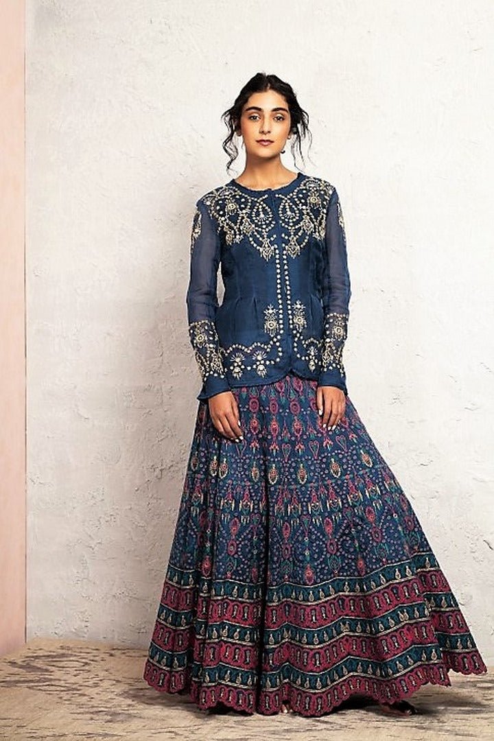 Buy midnight blue embroidered lehenga with jacket online in USA. Make a captivating fashion statement with a range of Indian designer dresses from Pure Elegance clothing store in USA. If you are looking for online shopping, then look to our online store for a stunning collection of designer lehengas, Indian clothing and much more.-full view