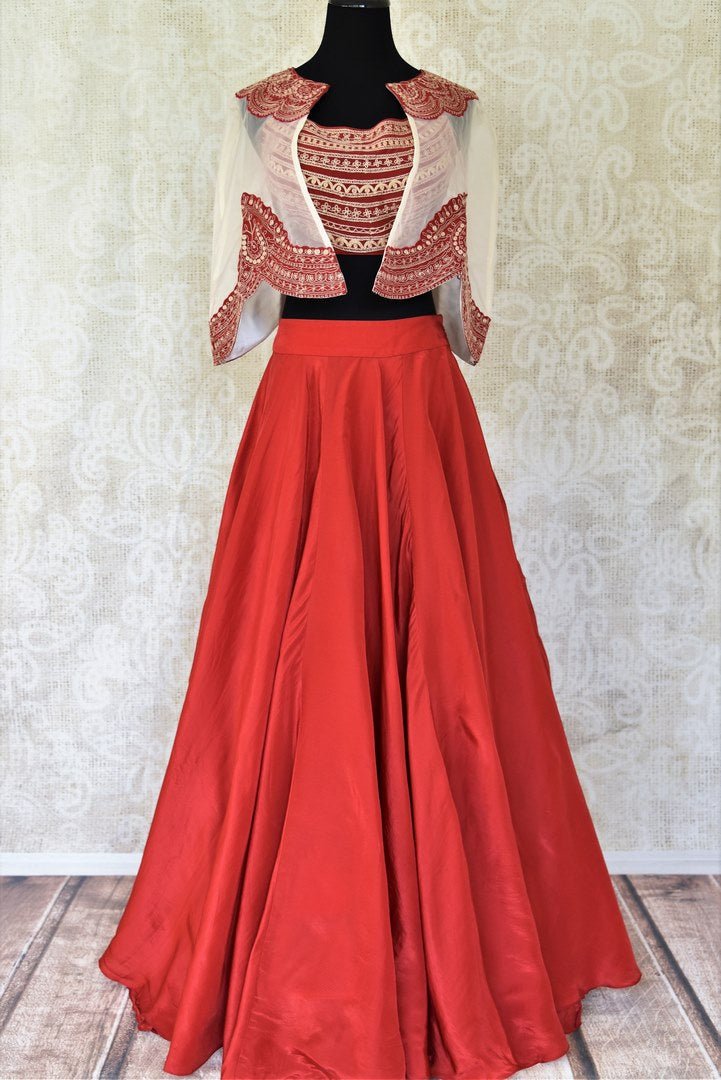 Buy red and white contemporary style silk skirt and crop top online in USA from Pure Elegance. Make every occasion special with stunning Indian designer clothing, Anarkali suits, wedding dresses, designer gowns from our Indian clothing store in USA. -full view