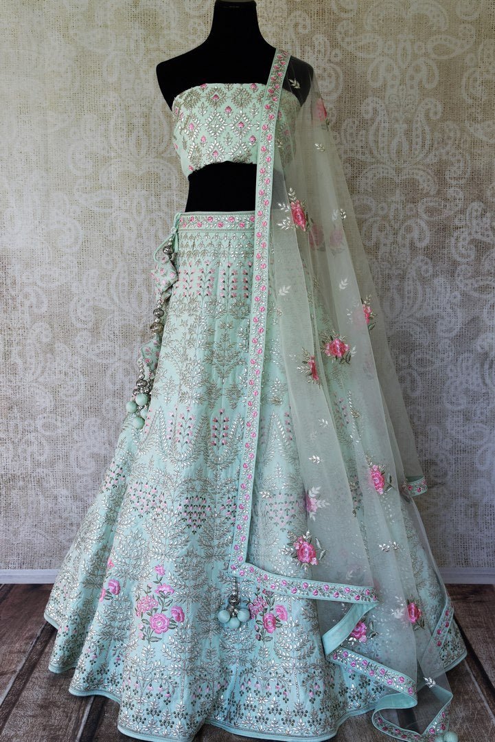 Buy mint green gota patti silk lehenga online in USA with dupatta. Update your saree wardrobe with stunning Indian designer clothing from Pure Elegance Indian fashion store in USA. Shop now.-full view