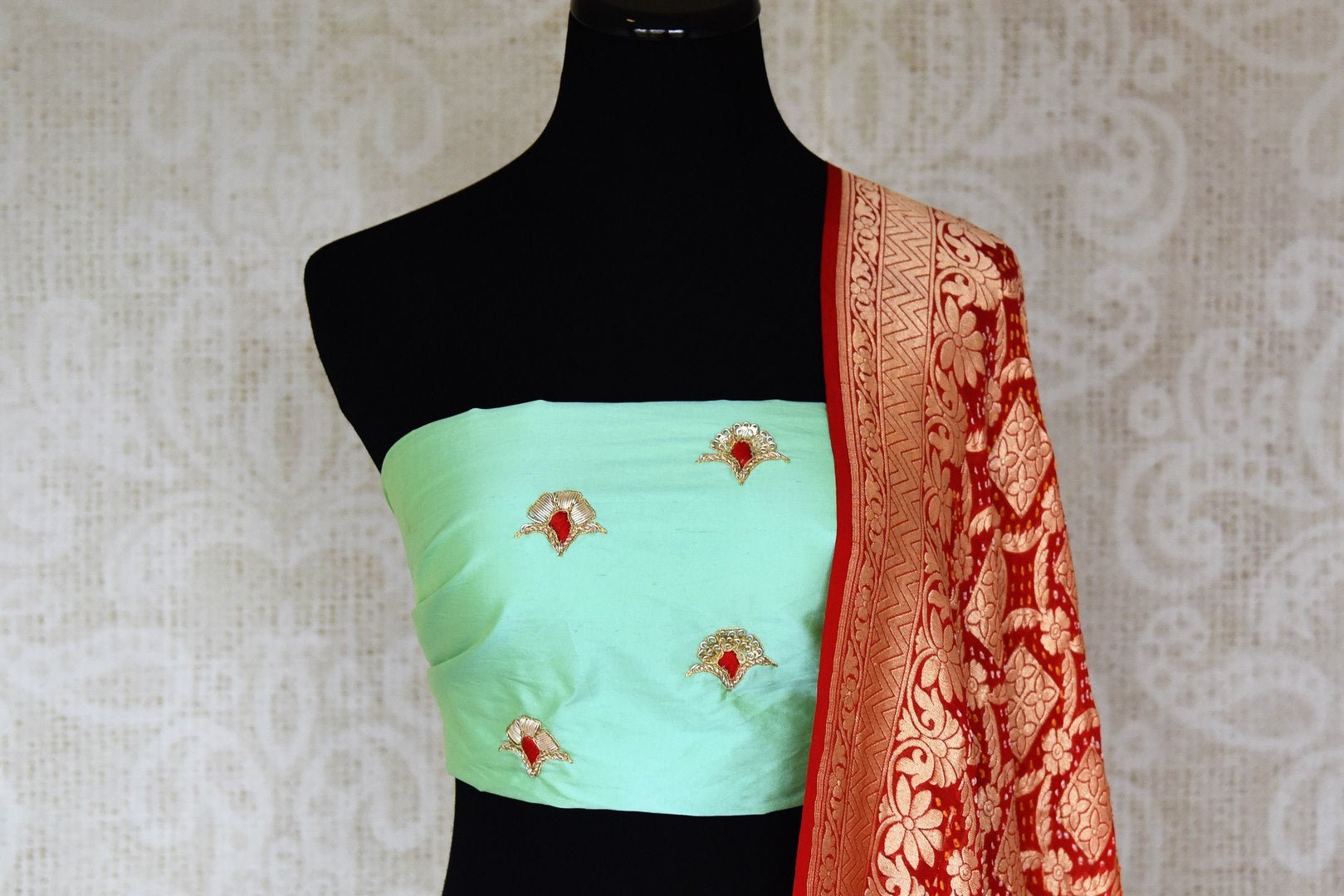 Buy green raw silk lehenga online in USA with gota patti work and red dupatta. Make fashionable choices with latest Indian designer clothing from Pure Elegance Indian fashion store in USA. Shop Indian salwar suits, designer Anarkali suits and bridal lehengas for Indian brides in USA from our online store.-blouse 
