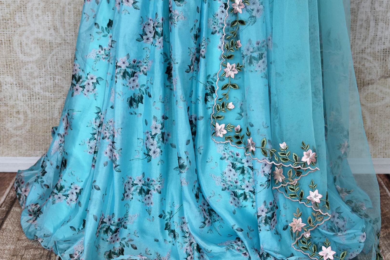 Buy blue and white floral embroidered designer lehenga online in USA with dupatta. Pick your favorite Indian clothing from a colorful collection available at Pure Elegance Indian fashion store in USA. We have an alluring range of wedding lehengas, designer Anarkali suits, gowns for Indian women in USA.-skirt