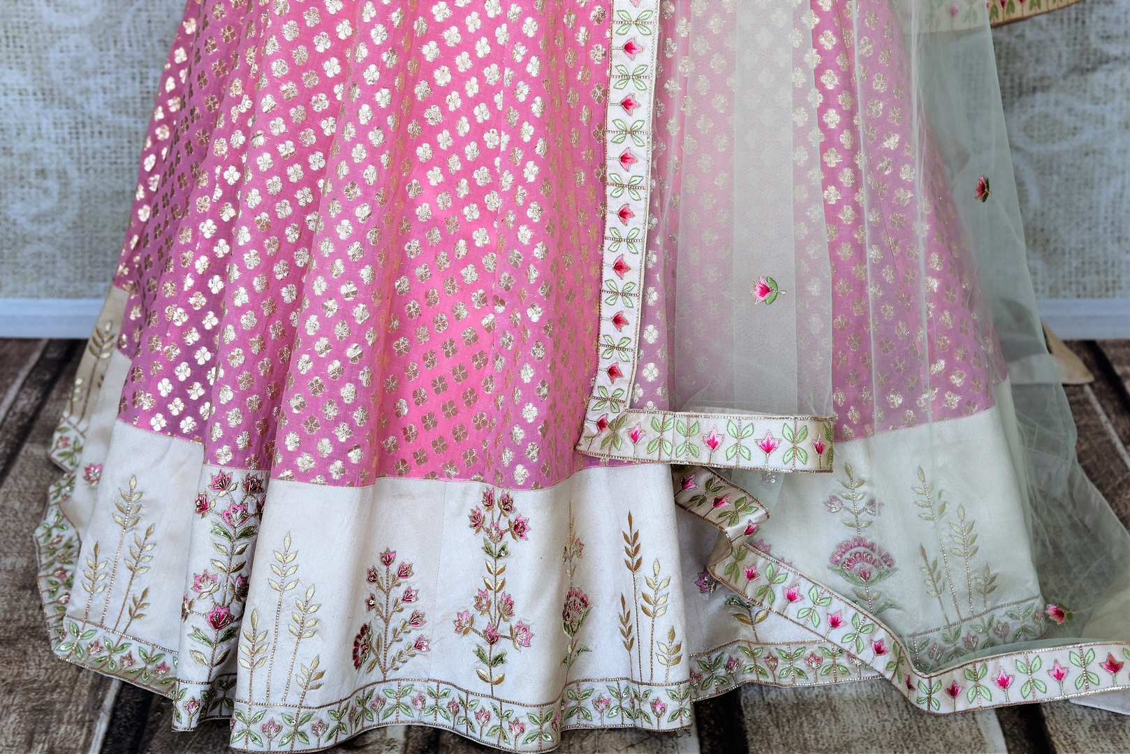 Buy pink and cream embroidered chanderi silk lehenga online in USA with dupatta. Raise your ethnic style quotient at special occasions with exquisite Indian clothing from Pure Elegance Indian clothing store in USA. Pick from a tasteful collection of designer lehengas, Anarkali suits, Indian dresses. Shop now.-bottom