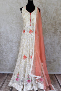 Buy cream embroidered net Anarkali suit online in USA with pants. Step up your ethnic fashion game with exquisite variety of designer Anarkali suits from Pure Elegance Indian clothing store in USA. Shop online.-full view