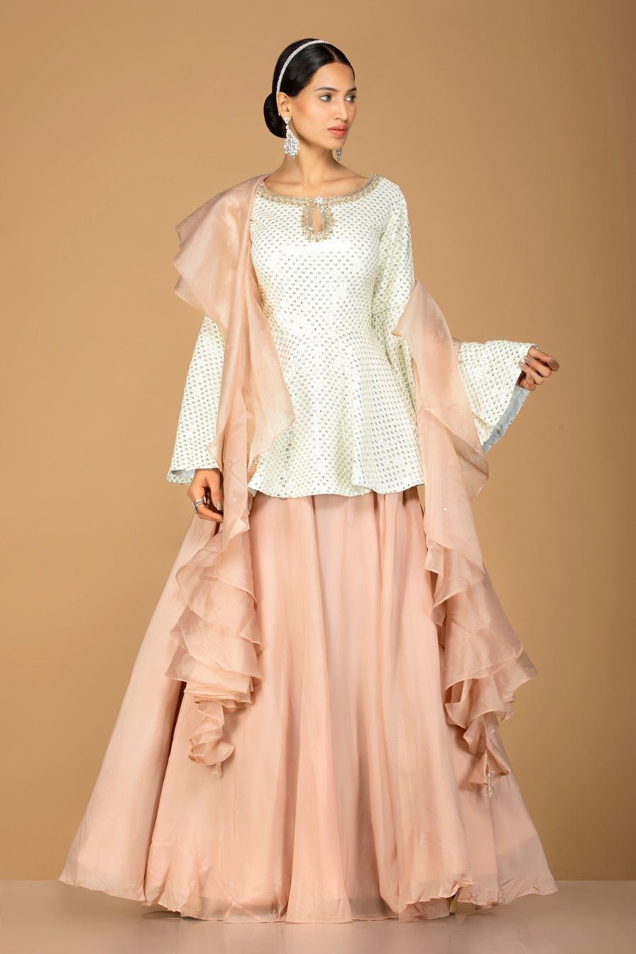 Shop gorgeous off-white and beige embroidered net lehenga online in USA with sequin embroidery. Gear up for the festive season with exquisite designer lehengas, Anarkali suits. Indian dresses from Pure Elegance Indian fashion store in USA. Shop online now.-full view