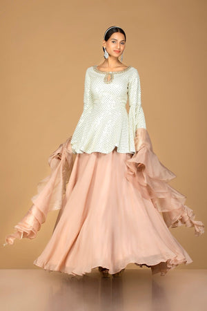 Shop gorgeous off-white and beige embroidered net lehenga online in USA with sequin embroidery. Gear up for the festive season with exquisite designer lehengas, Anarkali suits. Indian dresses from Pure Elegance Indian fashion store in USA. Shop online now.-front