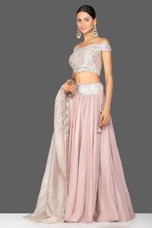 Buy beautiful nude pink applique work georgette lehenga online in USA with dupatta. Gear up for the festive season with exquisite designer lehengas, Anarkali suits. Indian dresses from Pure Elegance Indian fashion store in USA. Shop online now.-side