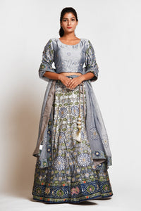 Shop stunning grey printed embroidered silk lehenga online in USA with dupatta. Elevate your traditional Indian style with exquisite designer lehengas, Anarkali suits, traditional salwar suits from Pure Elegance Indian clothing store in USA.-full view