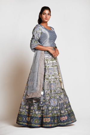 Shop stunning grey printed embroidered silk lehenga online in USA with dupatta. Elevate your traditional Indian style with exquisite designer lehengas, Anarkali suits, traditional salwar suits from Pure Elegance Indian clothing store in USA.-right side