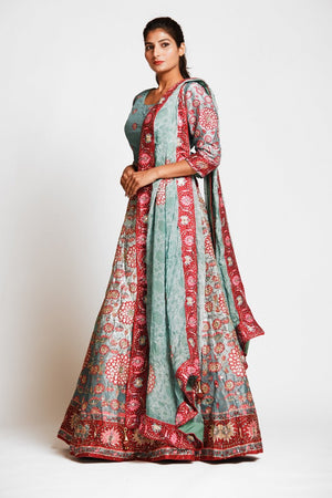 Buy gorgeous mint green printed embroidered silk lehenga online in USA with dupatta. Elevate your traditional Indian style with exquisite designer lehengas, Anarkali suits, traditional salwar suits from Pure Elegance Indian clothing store in USA.-left side