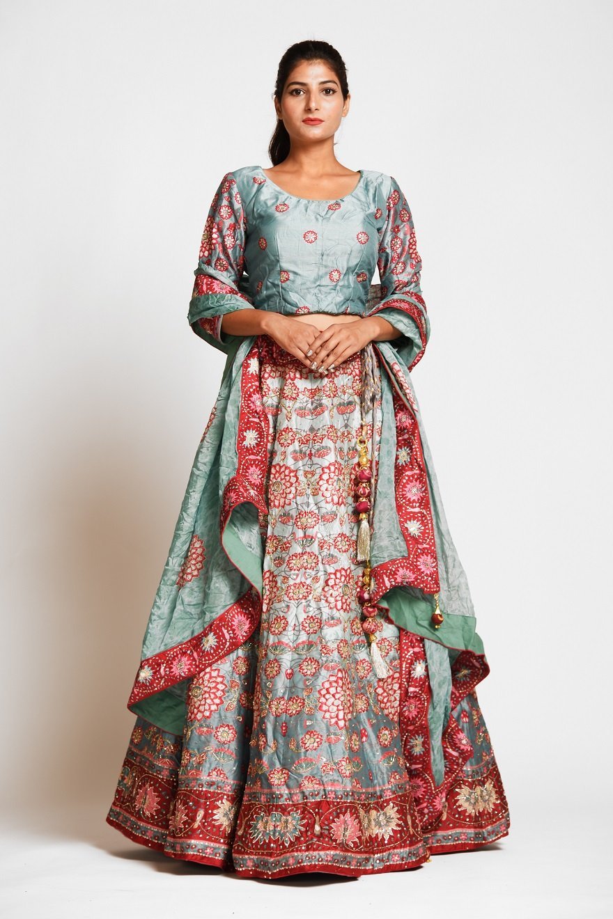 Buy gorgeous mint green printed embroidered silk lehenga online in USA with dupatta. Elevate your traditional Indian style with exquisite designer lehengas, Anarkali suits, traditional salwar suits from Pure Elegance Indian clothing store in USA.-front