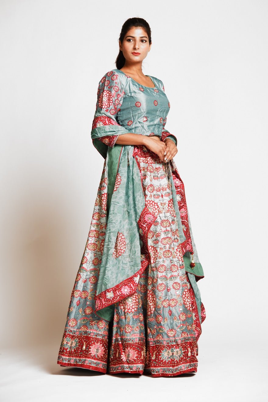 Buy gorgeous mint green printed embroidered silk lehenga online in USA with dupatta. Elevate your traditional Indian style with exquisite designer lehengas, Anarkali suits, traditional salwar suits from Pure Elegance Indian clothing store in USA.-right side