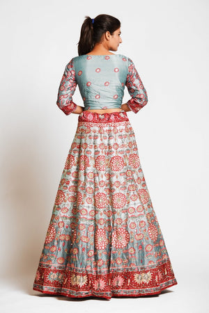 Buy gorgeous mint green printed embroidered silk lehenga online in USA with dupatta. Elevate your traditional Indian style with exquisite designer lehengas, Anarkali suits, traditional salwar suits from Pure Elegance Indian clothing store in USA.-back