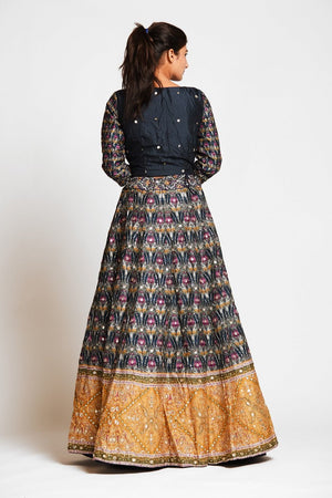Buy beautiful black embroidered silk lehenga online in USA with mustard border and white net dupatta. Elevate your traditional Indian style with exquisite designer lehengas, Anarkali suits, traditional salwar suits from Pure Elegance Indian clothing store in USA.-back