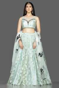 Shop beautiful mint green stone and embroidery net lehenga online in USA with net dupatta. Look radiant on weddings and special occasions in splendid designer lehengas crafted with finest embroideries and stunning silhouettes from Pure Elegance Indian fashion boutique in USA.-full view
