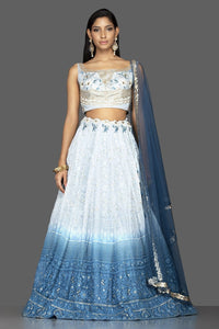 Shop charming ombre blue Lucknowi work georgette lehenga online in USA with matching net dupatta. Look radiant on weddings and special occasions in splendid designer lehengas crafted with finest embroideries and stunning silhouettes from Pure Elegance Indian fashion boutique in USA.-full view