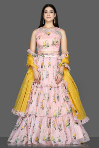 Buy stunning powder pink floral organza silk lehenga online in USA with yellow dupatta. Flaunt ethnic fashion with exquisite designer lehenga, Indian wedding dresses from Pure Elegance Indian fashion boutique in USA.-full view
