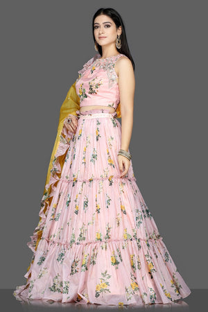 Buy stunning powder pink floral organza silk lehenga online in USA with yellow dupatta. Flaunt ethnic fashion with exquisite designer lehenga, Indian wedding dresses from Pure Elegance Indian fashion boutique in USA.-side