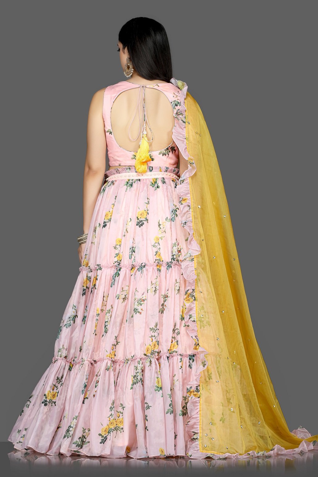 Buy stunning powder pink floral organza silk lehenga online in USA with yellow dupatta. Flaunt ethnic fashion with exquisite designer lehenga, Indian wedding dresses from Pure Elegance Indian fashion boutique in USA.-back