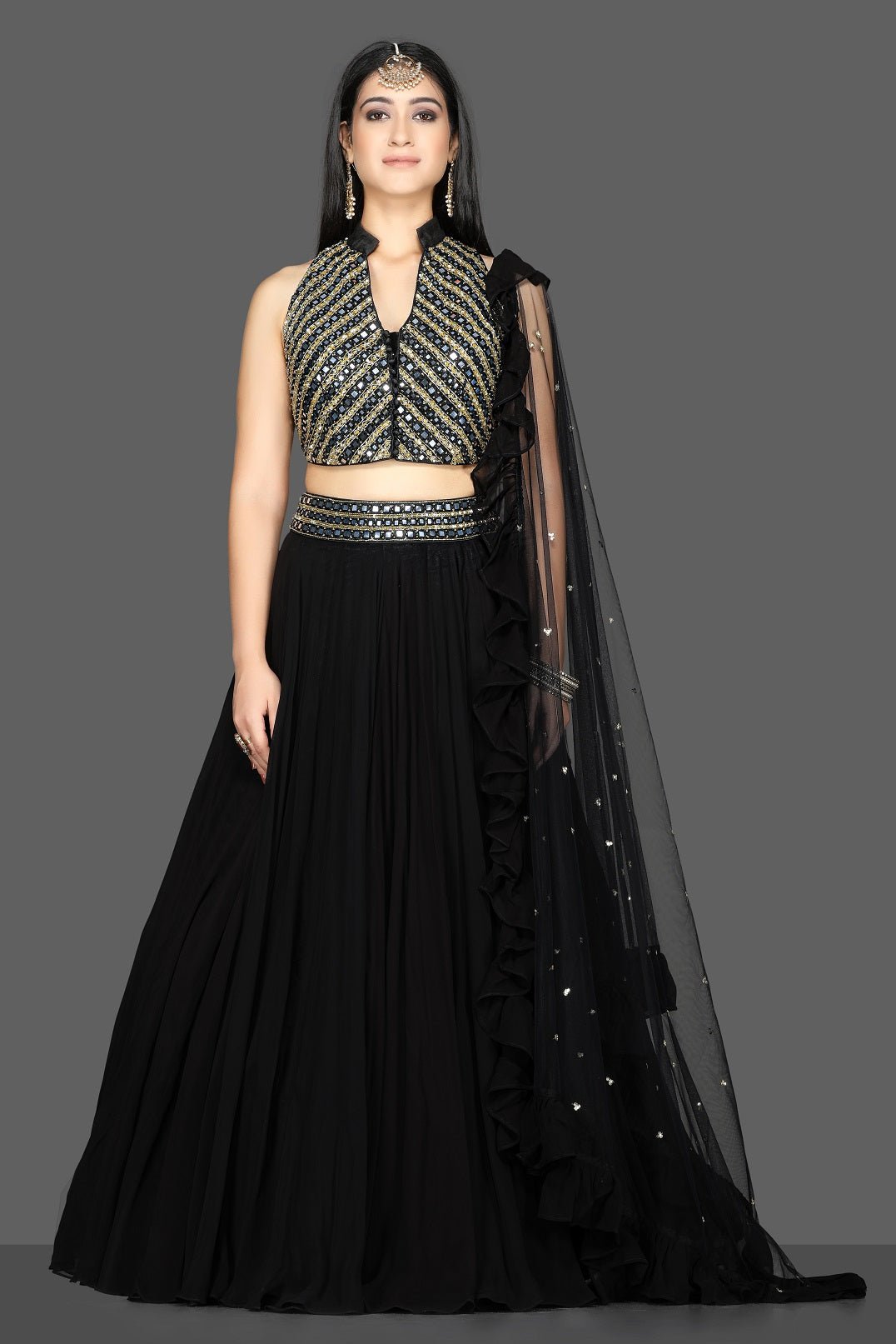 Shop beautiful black embroidered net lehenga online in USA with dupatta. Flaunt ethnic fashion with exquisite designer lehenga, Indian wedding dresses from Pure Elegance Indian fashion boutique in USA.-full view