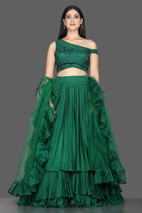 Buy stylish bottle green georgette layered lehenga online in USA with ruffle dupatta. Flaunt ethnic fashion with exquisite designer lehenga, Indian wedding dresses from Pure Elegance Indian fashion boutique in USA.-full view