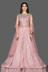 Shop beautiful pink embroidered floorlength Anarkali with dupatta online in USA. Shine at weddings and special occasions with beautiful designer lehengas, Anarkali suits from Pure Elegance Indian clothing store in USA.-full view