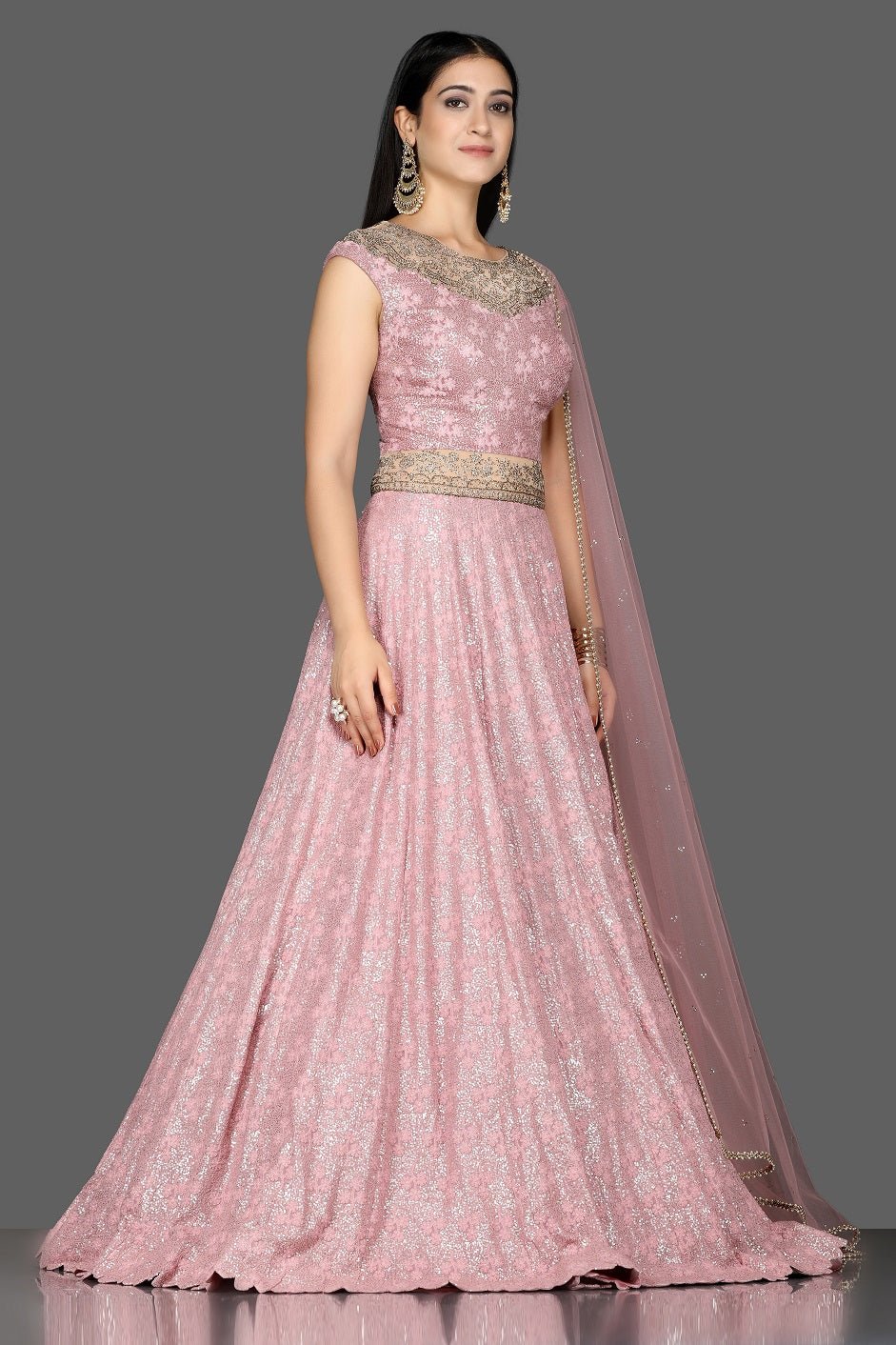 Shop beautiful pink embroidered floorlength Anarkali with dupatta online in USA. Shine at weddings and special occasions with beautiful designer lehengas, Anarkali suits from Pure Elegance Indian clothing store in USA.-side