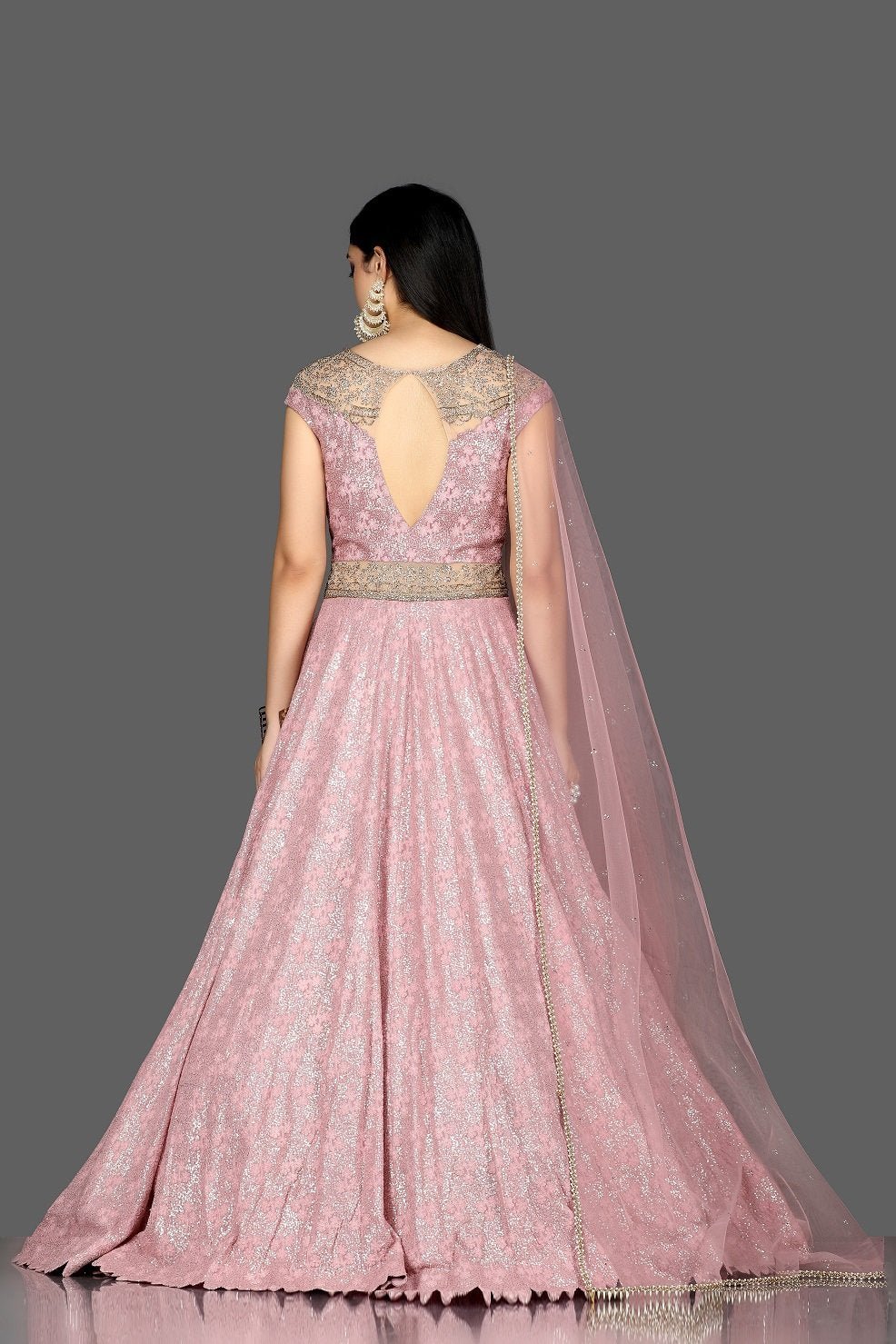 Shop beautiful pink embroidered floorlength Anarkali with dupatta online in USA. Shine at weddings and special occasions with beautiful designer lehengas, Anarkali suits from Pure Elegance Indian clothing store in USA.-back