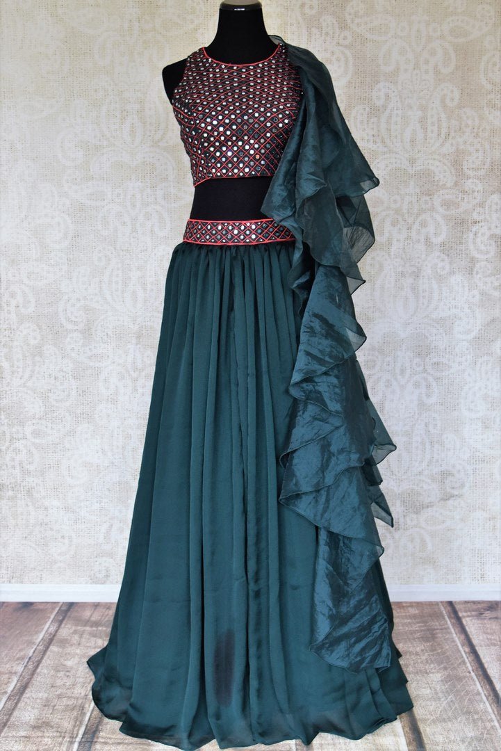 Shop beautiful dark green designer chiffon lehenga with dupatta online in USA. Be occasion ready in stunning designer dresses, lehengas, palazzo suits, sharara suits, bridal lehengas from Pure Elegance Indian clothing store in USA.-full view