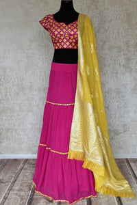 Buy gorgeous pink silk and georgette embroidered lehenga with yellow dupatta online in USA. Be occasion ready in stunning designer dresses, lehengas, palazzo suits, sharara suits, bridal lehengas from Pure Elegance Indian clothing store in USA.-full view