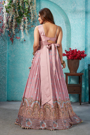 Buy stunning onion pink embroidered georgette lehenga online in USA with dupatta. Dazzle at weddings and parties in exquisite Indian designerwear dresses, designer lehengas, Anarkali suits, gowns, palazzo suits, sharara suits from Pure Elegance Indian fashion store in USA.-back