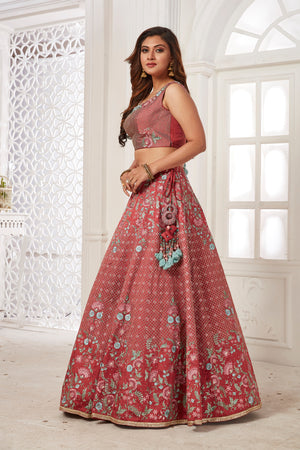 Shop gorgeous rose pink embroidered lehenga online in USA with dupatta. Dazzle at weddings and parties in exquisite Indian designerwear dresses, designer lehengas, Anarkali suits, gowns, palazzo suits, sharara suits from Pure Elegance Indian fashion store in USA.-left