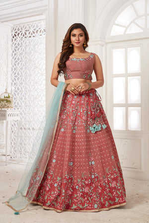 Shop gorgeous rose pink embroidered lehenga online in USA with dupatta. Dazzle at weddings and parties in exquisite Indian designerwear dresses, designer lehengas, Anarkali suits, gowns, palazzo suits, sharara suits from Pure Elegance Indian fashion store in USA.-front